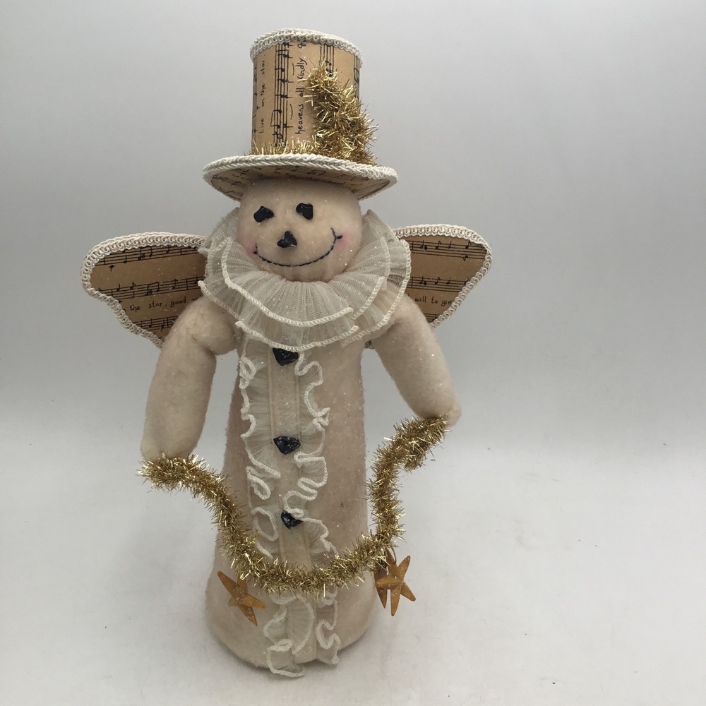 Primitive Snowman Angel Figurine Sheet Music Wings Gold Tinsel 14.5 Inch Cream